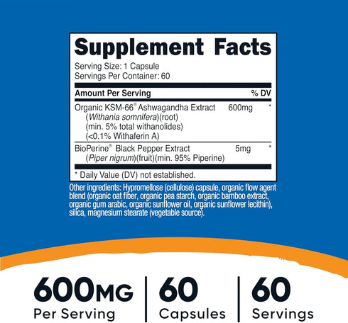 KSM-66 600mg, 60 5% Nutricost Ashwagandha Root Extract Veggie Caps - Withanolides - with BioPerine - Full-Spectrum Root
