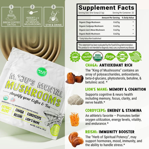 Immune MAJU's Mental Mushroom Powder Extract, Strong Lions Mane, Chaga, Reishi, Cordyceps, Fruiting Bodies for Coffee