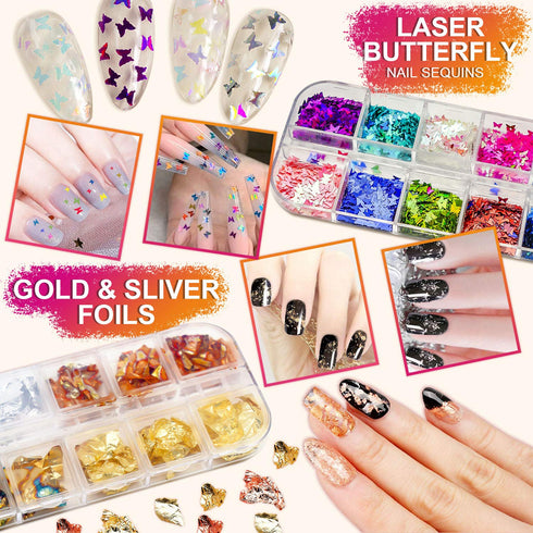 Nail Art Brushes & Decorations Kit, 3D Nail Art Tools, Glitters, Stickers, Rhinestones, Foil, and Striping Tapes
