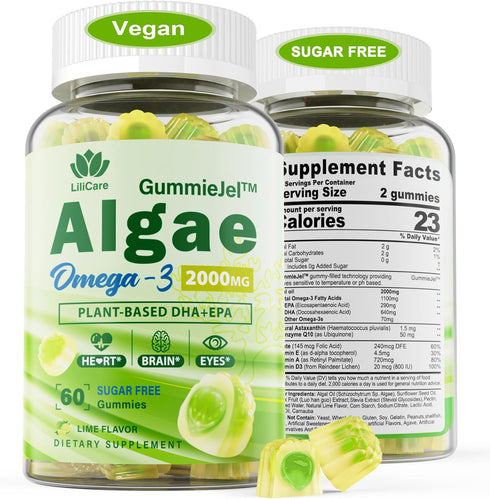 Vegan Omega 3 Supplement Gummies, 2000mg Algae Omega 3 with 640mg DHA & 290mg EPA, Sugar Free, 60 Count