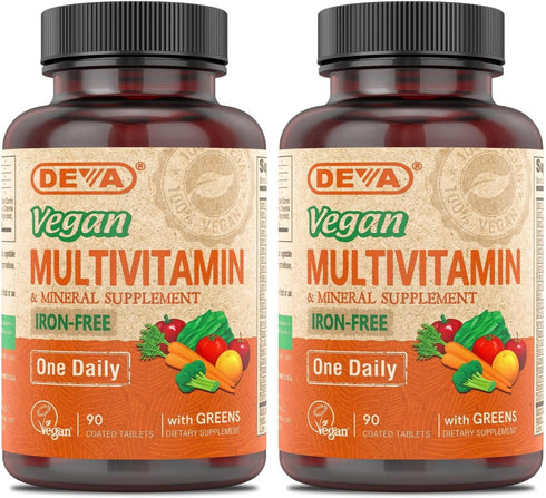 DEVA Vegan Multivitamin and Mineral Supplement - Iron Free One Daily Formula with Greens - 90 Coated Tablets