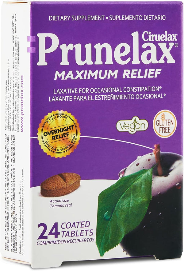 Prunelax Ciruelax Maximum Relief Laxative Tablets, Natural Senna for Occasional Constipation, Vegan & Gluten-Free, 24ct