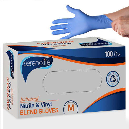 Serenelife 100 Count Medium Nitrile Disposable Gloves, Latex & Powder Free for Kitchens and Cleaning