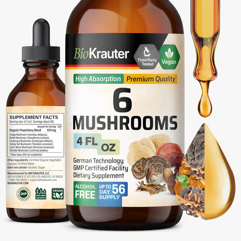 BIO KRAUTER 6-in-1 Mushrooms Supplement - Liquid Extract of Lions Mane, Shiitake, Turkey Tail, Cordyceps, Reishi &