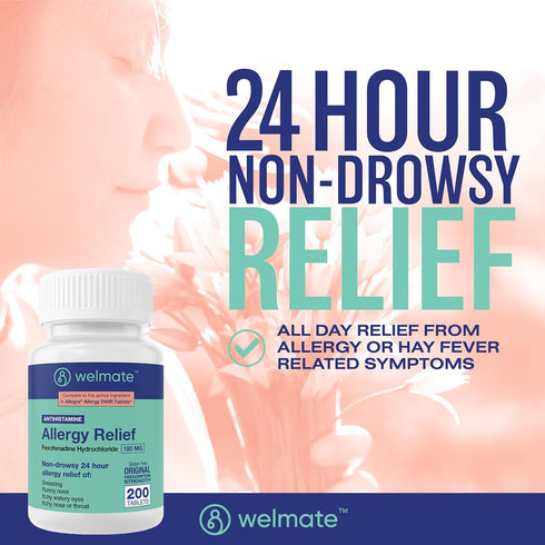 WELMATE Allergy Relief - Fexofenadine HCl 180 mg, Non-Drowsy Antihistamine, 200 Count Tablets