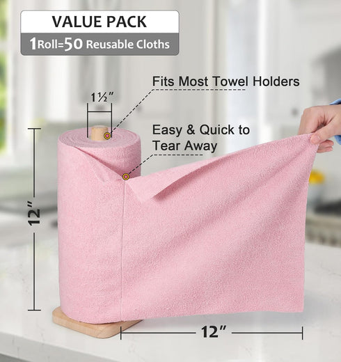 Microfiber Cleaning Cloth, Reusable Paper Towels Rolls, Dish Rags for Kitchen, Bathroom, Car, 12x12 inch, 50 Packs