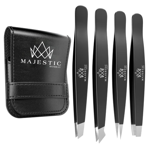 Majestic Bombay Fine Point + Slant Tweezers for Women and Men – Precision Tweezers for Splinter, Ticks, Hair Removal