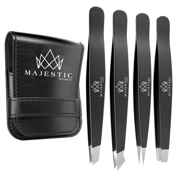 Majestic Bombay Fine Point + Slant Tweezers for Women and Men – Precision Tweezers for Splinter, Ticks, Hair Removal