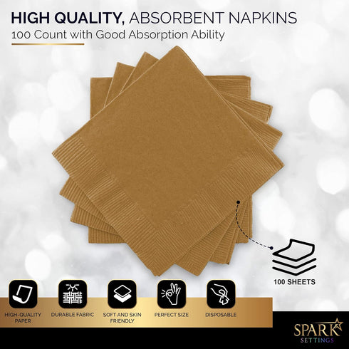 Amcrate 100 Pack Gold Beverage Napkins, 2 Ply, Ideal for Wedding, Party, Birthday, Dinner, Lunch, Cocktails (5” x 5”)