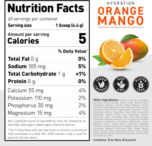 Kaged Electrolyte Hydration Powder - Hydracharge Orange Mango, Sports Drink for Men and Women, 60 Servings