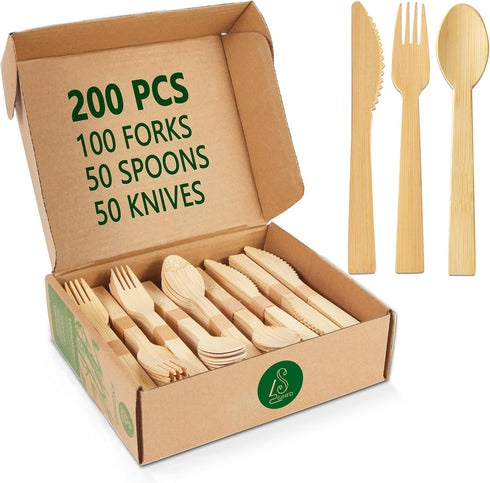Disposable Bamboo Cutlery Set, 200 Pieces (100 Forks, 50 Spoons, 50 Knives), Eco-Friendly Biodegradable for Party