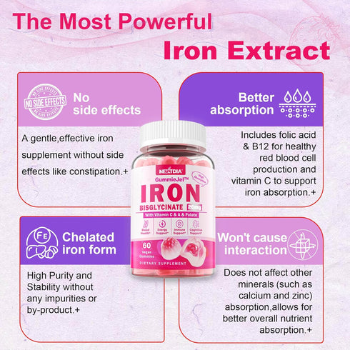 Vegan Iron Filled Gummies for Women - Non Constipating High Absorption 26mg Gentle Bisglycinate Iron with Vitamin C,
