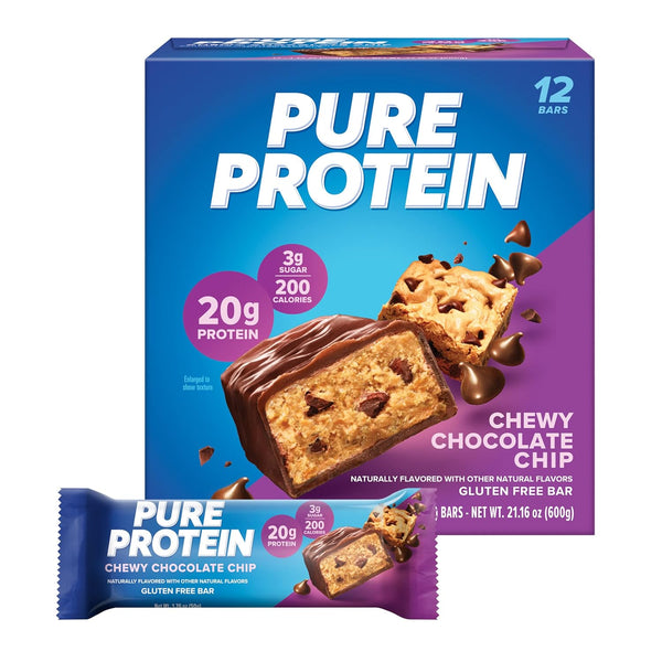 Pure Protein Bars, High Protein, Low Sugar, Gluten Free, Chewy Chocolate Chip, 1.76oz (Pack of 12)