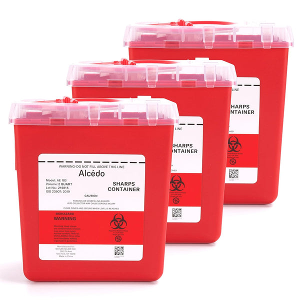 Alcedo Sharps Container, 2 Quart (3-Pack), Biohazard Needle and Syringe Disposal, Medical Grade