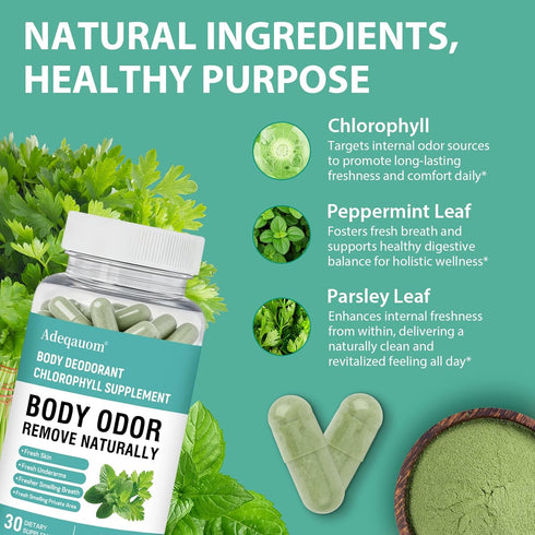 Non-GMO-30 Chlorophyll Capsules Internal Body Deodorant Supplement for Women and Men for Gut Health, Fresh Breath, Skin