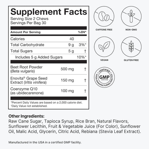 humanN SuperBeets Heart Chews - 100mg CoQ10 with Beetroot & Grape Seed Extract, 60 Count
