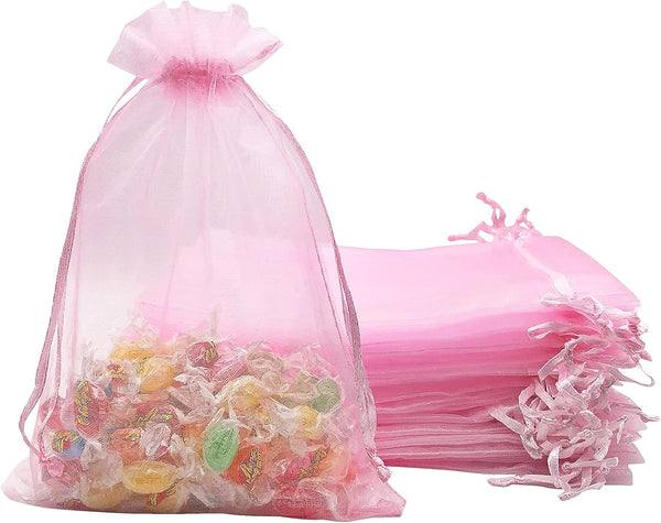 100PCS Pink Organza Bags 5X7 Inch Drawstring Mesh Pouches for Wedding Party Baby Shower Favors (Pink 5X7)