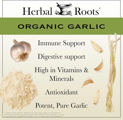 Herbal Roots Organic Whole Bulb Garlic Pills, Extra Strength 600 mg, 60 Vegan Capsules