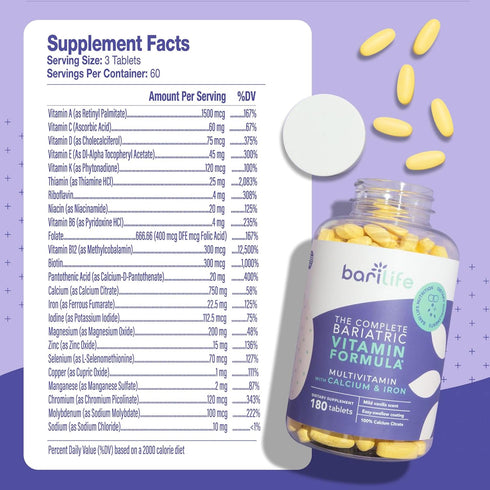 Bari Life Complete Bariatric Multivitamin Non-chewable Tablet w/Calcium Citrate and Iron - 180 Tablets/Bottle
