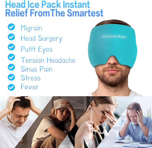 General Medi Cold Therapy Headache & Migraine Ice Wrap Cap, Blue Hat for Puffy Eyes, Tension, Sinus & Stress Relief