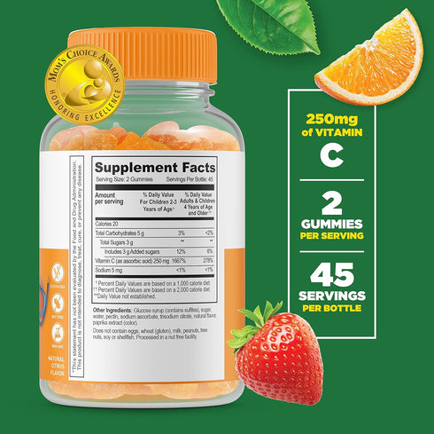 Lifeable Kids Vitamin C Gummies | 250mg | Great Tasting VIT C | Vegan GMO-Free Vitamin C Chewable | for Immune Support | 90 Gummies