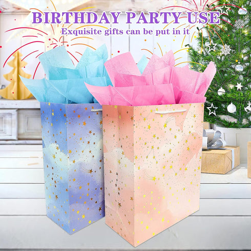 BLESZSING Large Gift Bags Set, 2 Pack Paper Gift Bags with Tissue Paper, Colorful Pink Blue