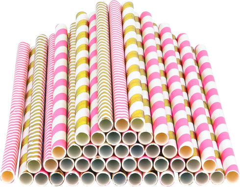 Paper Straws 200 Pack, Biodegradable Gold and Pink Striped Design, 8.25" for Parties