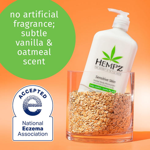 Hempz Sensitive Skin Herbal Moisturizer: Soothing Lotion with Oatmeal, Shea Butter, Cocoa, Hemp, Mango Seed - 17 Fl Oz