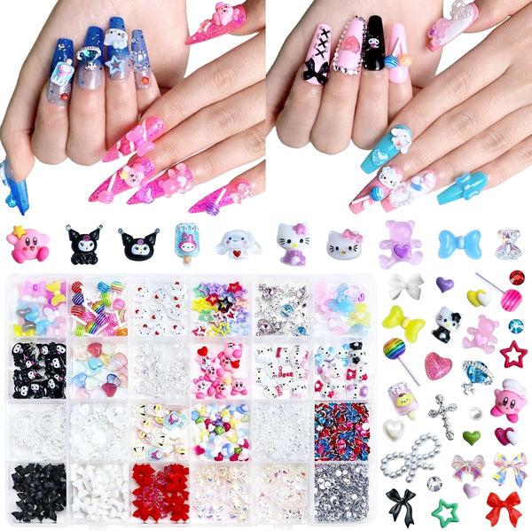 Mix Assorted 3D Nail Charms, Kawaii Kitty Bowknot Lollipop Bear Planet Nail Supplies with Rhinestones for Crafts