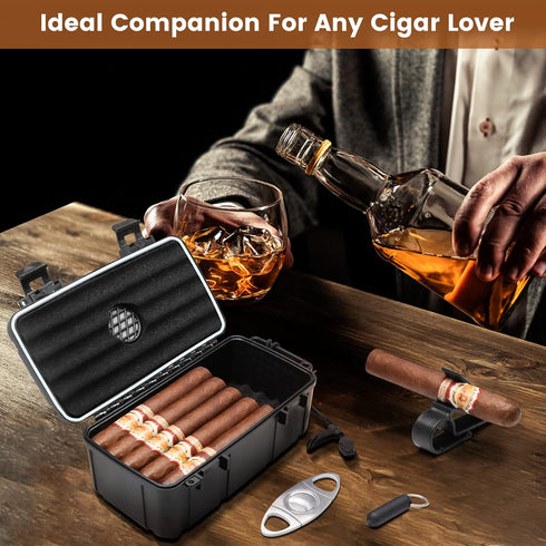 Flauno Travel Cigar Humidor - Portable Cigar Case Kit with Lighter (Without Gas), Cutter, Holder, Humidifier & Dropper,