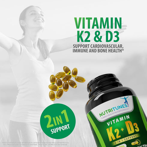 Vitamin K2 + D3 Supplement, 120 Softgels for Cardiovascular & Bone Health, Non-GMO & Allergen-Free