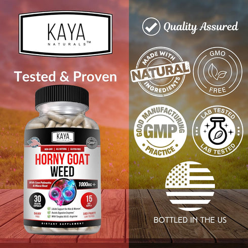 Kaya Naturals Horny Goat Weed for Men & Women, 1560mg Extra Strength with Maca, 30 Count Libido Enhancing Supplement
