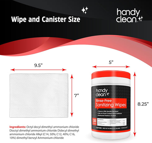 HandyClean Rinse Free Sanitizing Wipes, Surface Cleaner Wipes, 120 ct of 9.5 x 7 inches Sanitizing Wipes.