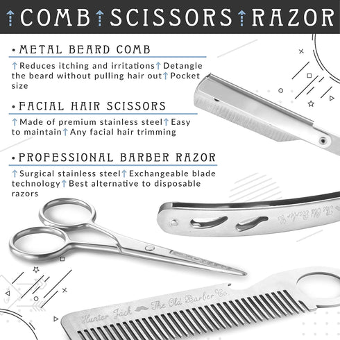 Straight Razor Kit - Complete Kit for Men with Beard Scissors & Metal Comb, Premium Polished Stainless Steel, 10 Extra