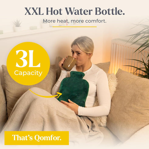 Qomfor 3L Hot Water Bottle - with Soft Premium Fleece Cover - Green, - Heating Pad for Menstrual Cramps and Period