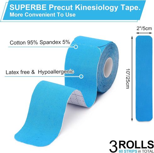 Precut Kinesiology Tape, 3 Rolls Pack, Elastic Sports Tape for Pain Relief, Muscle Support, Waterproof