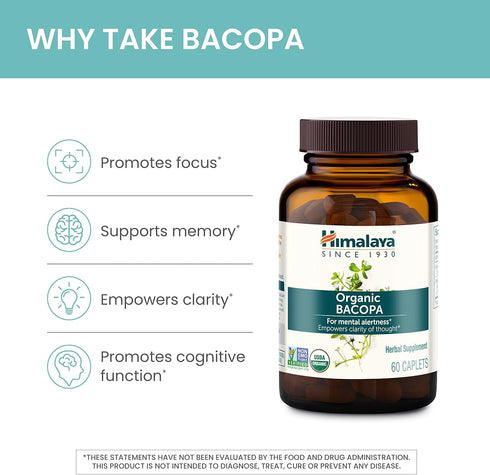Himalaya Organic Bacopa Monnieri Nootropic Supplement, 750 mg, 60 Plant-Based Caplets, 2 Pack, USDA Organic