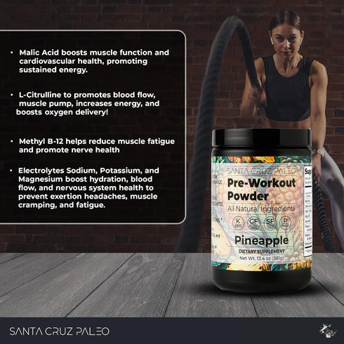 Santa Cruz Paleo Natural Pre Workout Powder, Pineapple, Keto Electrolytes with Magnesium, 30 Servings for Energy &