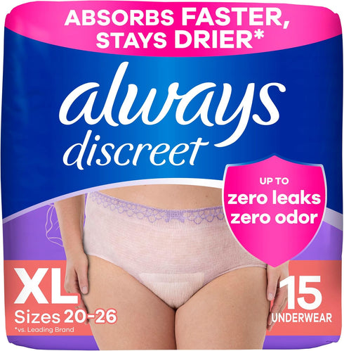 Always Discreet Adult Incontinence Underwear for Women, Extra Large, 15 Count, Up to 100% Bladder Leak Protection