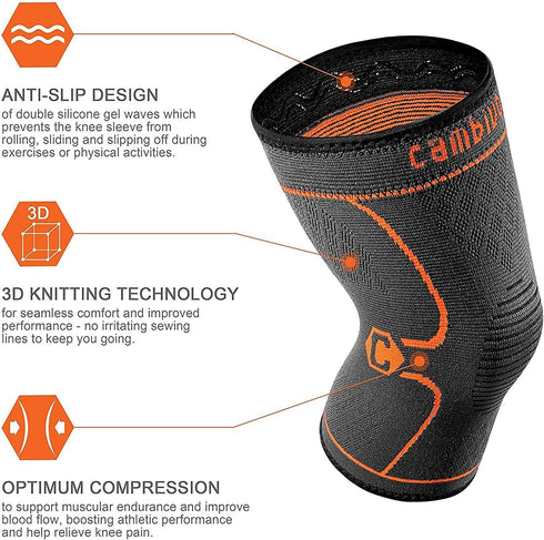 CAMBIVO Knee Compression Sleeve - 2 Pack Knee Brace for Men and Women, Large, Orange for Sports