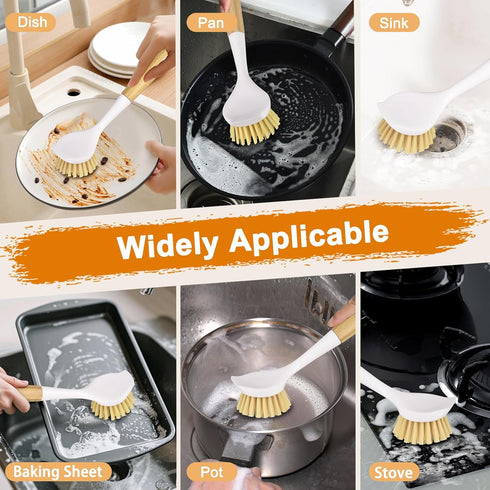 Set 2 Pack Dish Brush with Bamboo Handle, Kitchen Brushes for Cleaning Pot, Sink and Stove, Skillet Scrubber with Tough