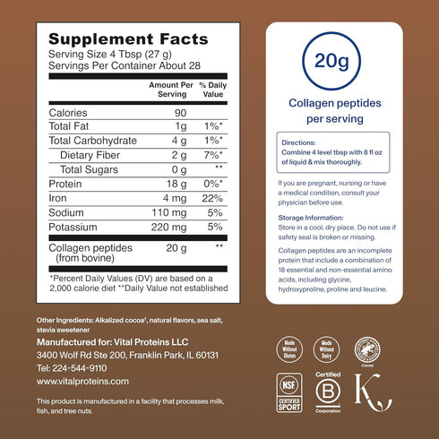 Vital Proteins Chocolate Collagen Powder Supplement (Type I, III) for Skin, Hair, Nail, Joint - 26.8 oz