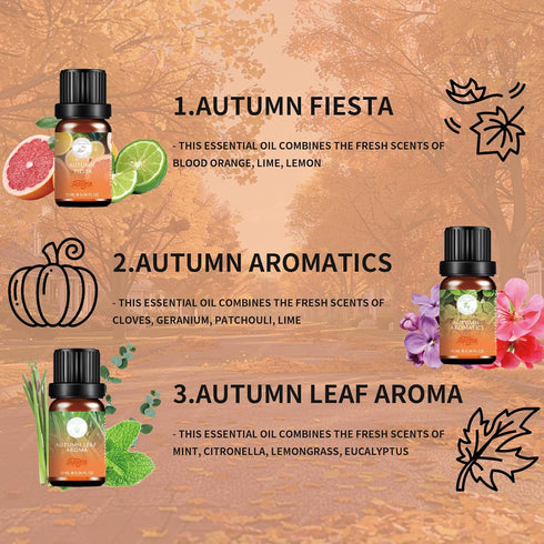 Fall Essential Oils Set - Pure Plant Extracts, Oil Diffuser Essential Oils, Essential Oils for Diffusers for Home, includes Citrus Burst, Freshness, Cozy Reunion, Fiesta, Leaf Aroma, Aromatic