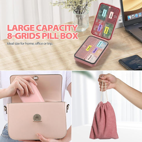 OUVBTX 8 Daily Pill Organizer, Compartments Portable Pill Case Travel Pill Organizer, Pill Container Large for Purse