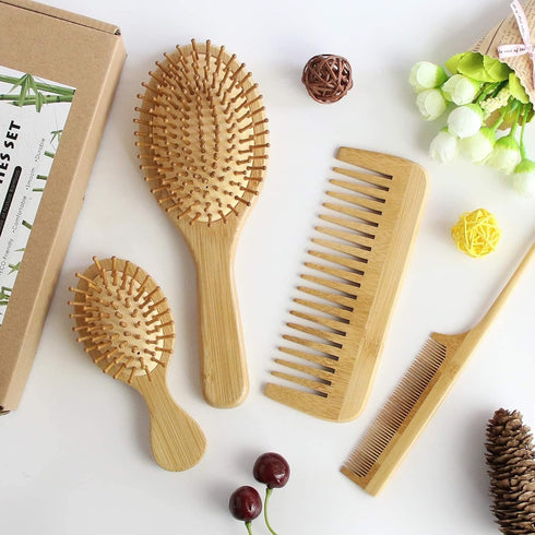 MRD Hair Brush Set, Natural Bamboo Comb Paddle Detangling Hairbrush, Wide-tooth & Tail Comb for All Hair Types