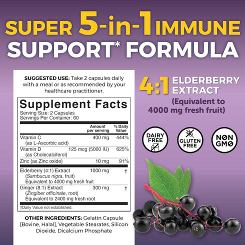 Viva Naturals Elderberry with Vitamin C and Zinc for Adults - 5 in 1 Sambucus Black Elderberry Capsules with Vitamin D3