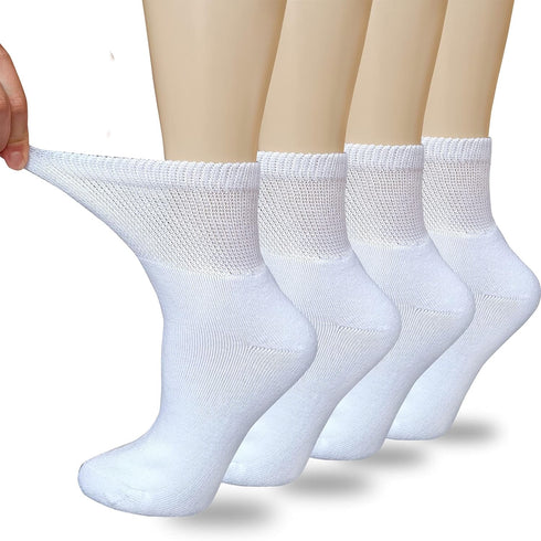 Women's Diabetic Socks, Soft Breathable Moisture Wicking, Extra Wide Non-Binding, 4 Pairs, White, Size 9-11