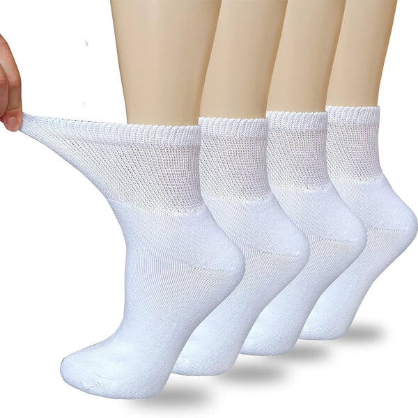 Women's Diabetic Socks, Soft Breathable Moisture Wicking, Extra Wide Non-Binding, 4 Pairs, White, Size 9-11