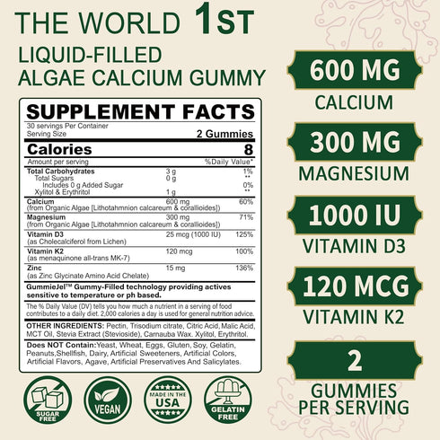 Plant Based Calcium Supplement 600mg with Vitamin D3 K2, Zinc for Bone Strength, Sustainably Sourced Algae Calcium Magnesium 2:1 Ratio, Sugar Free Calcium Gummies 70+ Trace Minerals, Vegan, 60 Counts