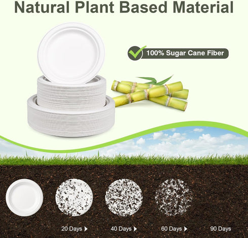 Set, 7-inch, 9-inch 100 Disposable Paper Plates Eco friendly Heavy Duty Plates and Napkins Party Supplies, Compostable